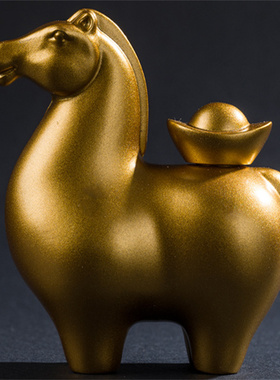 纯黄铜马上有钱马背元宝桌面摆件