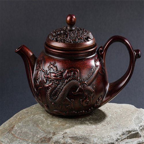 纯黄铜复古龙凤呈祥转转盖茶壶