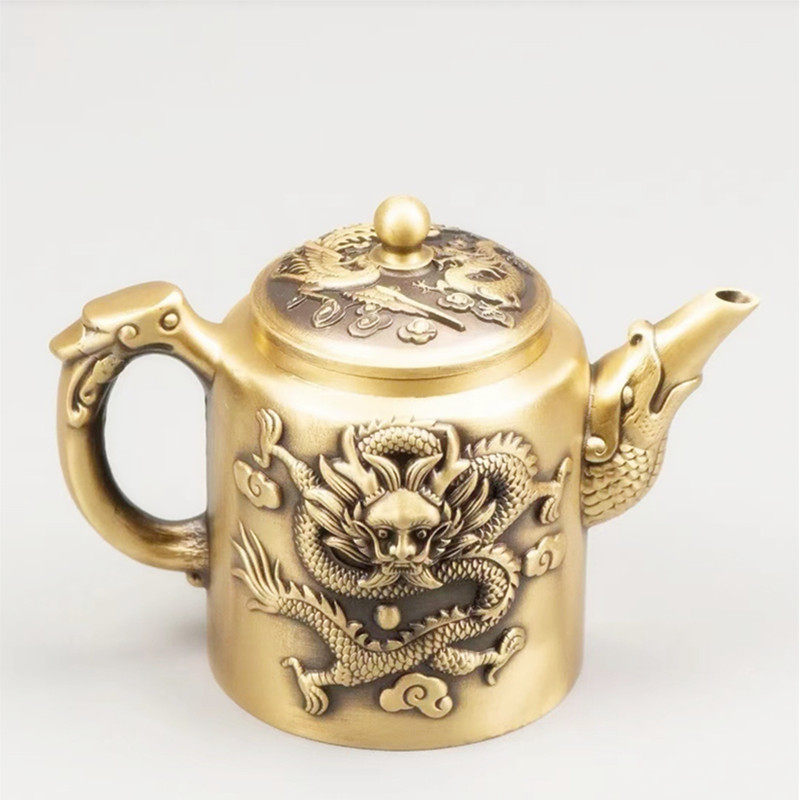 纯黄铜大茶壶7件套1壶+6杯子大容量高龙凤大茶壶居家茶具桌面摆件