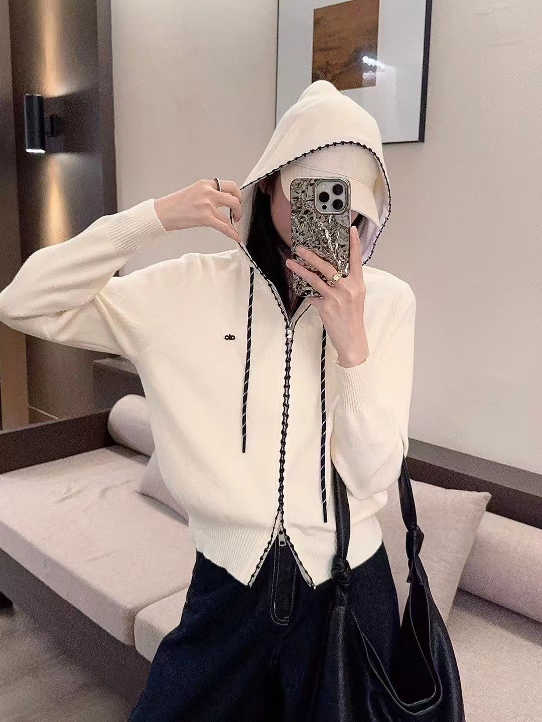 长袖女撞色抽绳毛针织衫显瘦开衫