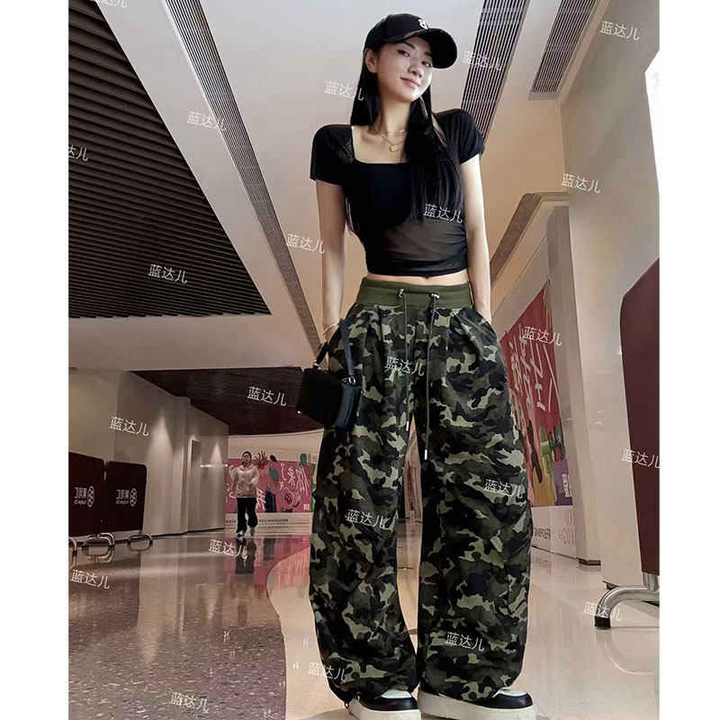 蓝达儿【可拆胸垫橡皮筋款】修身百搭网纱上衣 宽松松弛感迷彩裤