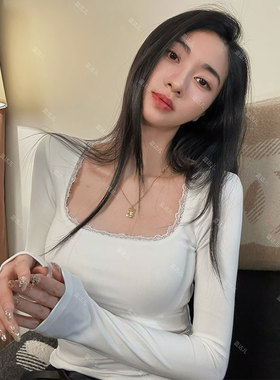 蓝达儿【可拆胸垫】秋冬新款修身显瘦百搭圆领蕾丝加绒加厚长袖