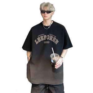 渐变短袖T恤男生夏季设计感发泡印花字母潮牌宽松圆领半袖上衣服图片