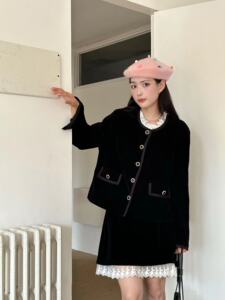 2023秋装丝绒蕾丝纯色半身裙+纯色上衣外套套装女8603
