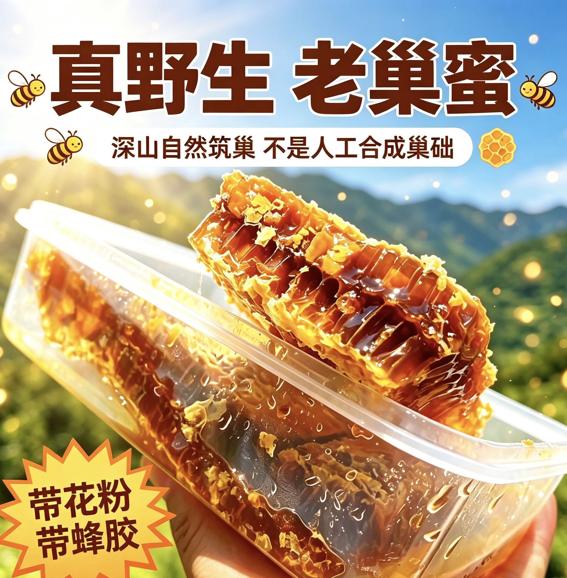 野生蜂巢蜜纯正天然野花粉蜂巢蜜嚼着吃老蜂巢蜜蜂窝bee pollen