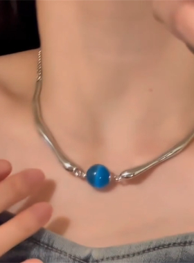 甜酷辣妹蓝色玻璃珠项链女