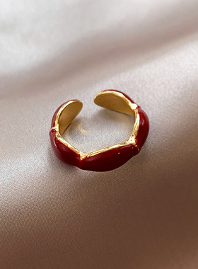 复古安卡拉红色开口戒指女滴釉冷淡风轻奢食指戒简约小众指环尾戒