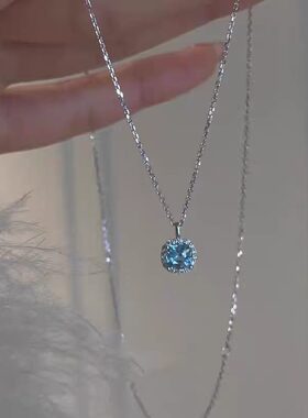 蓝色小方糖吊坠项链女高级感