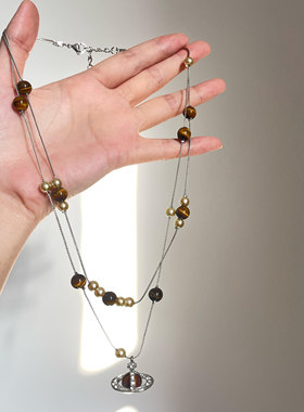 新年秋冬虎眼石珍珠土星吊坠项链