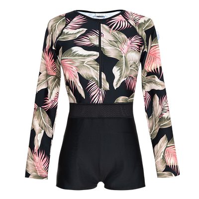 温泉遮肚保守长袖大码花色泳衣