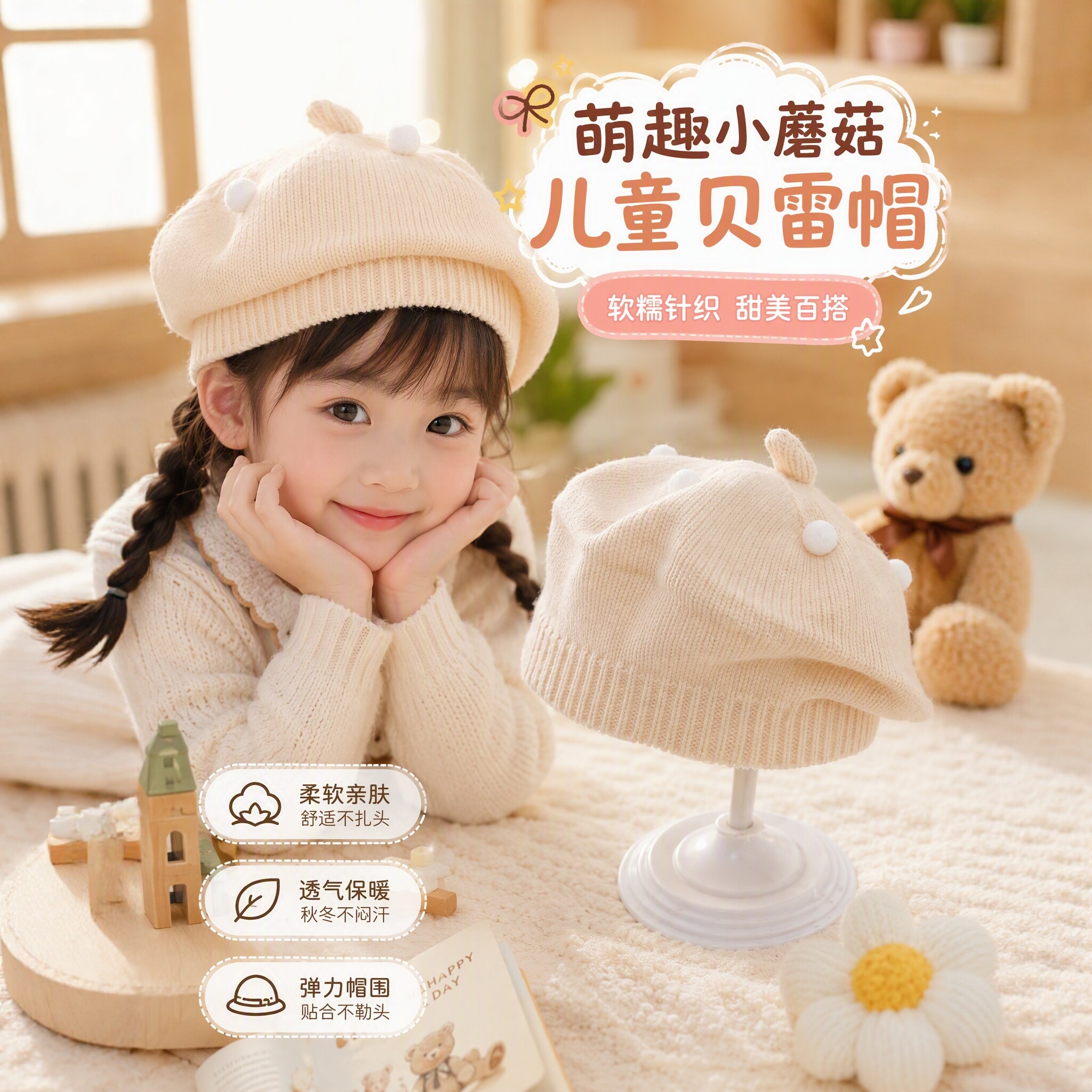 女童帽婴儿帽子春秋薄款贝雷帽宝宝针织毛线帽秋冬季纯色画家帽图片