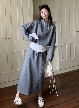 现货春新款深灰色针织两件套套装女套裙8078p175k258