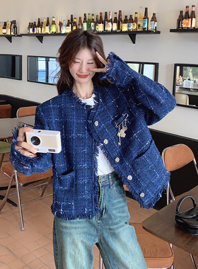 秋款现货数据好蓝色小香风外套带配饰2931110P175控258