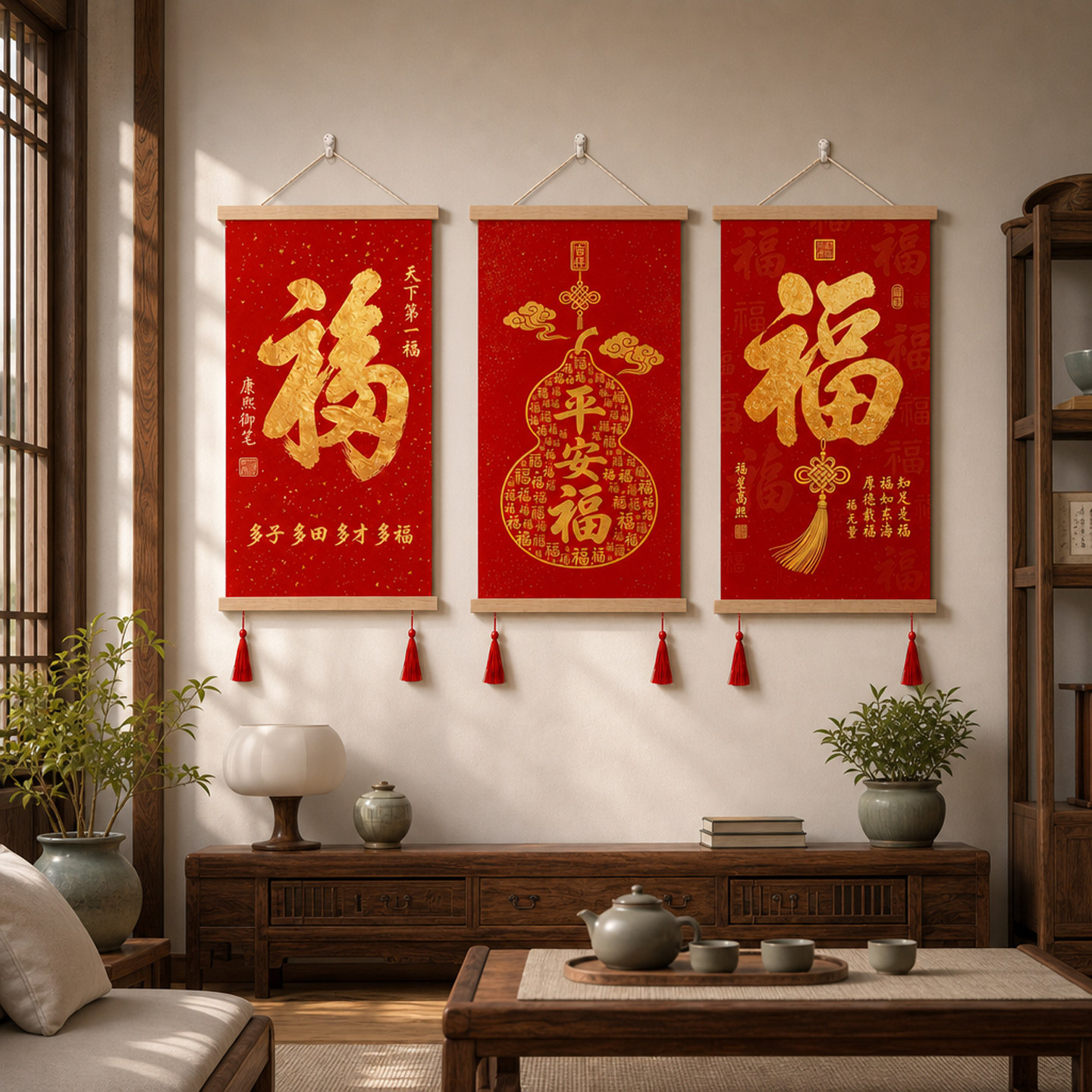 红色福字新中式平安喜庆挂画走廊玄关入户装饰画客厅书房挂轴字画