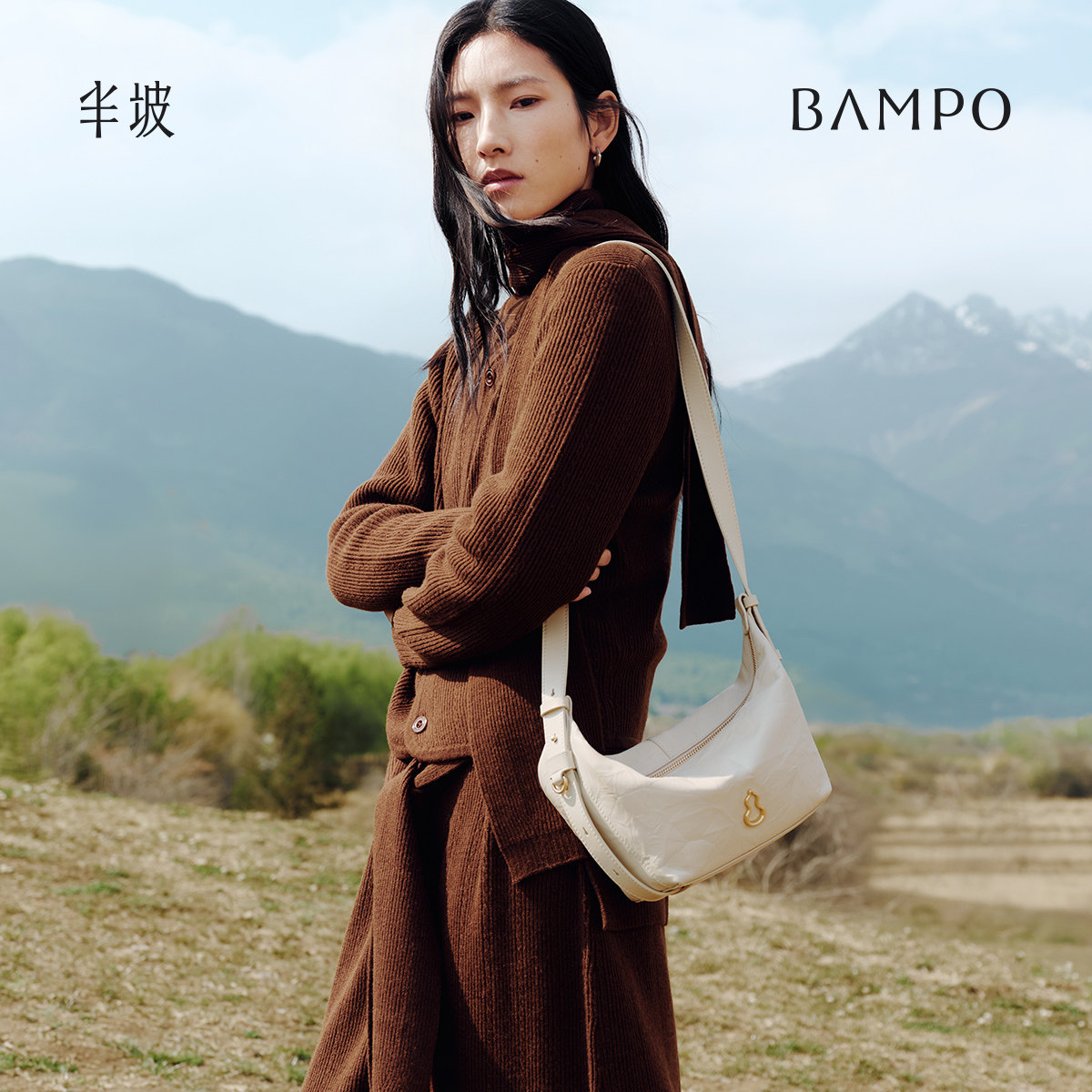 BAMPO半坡金元饭盒包 头层牛皮斜挎包新款软皮通勤单肩腋下包女