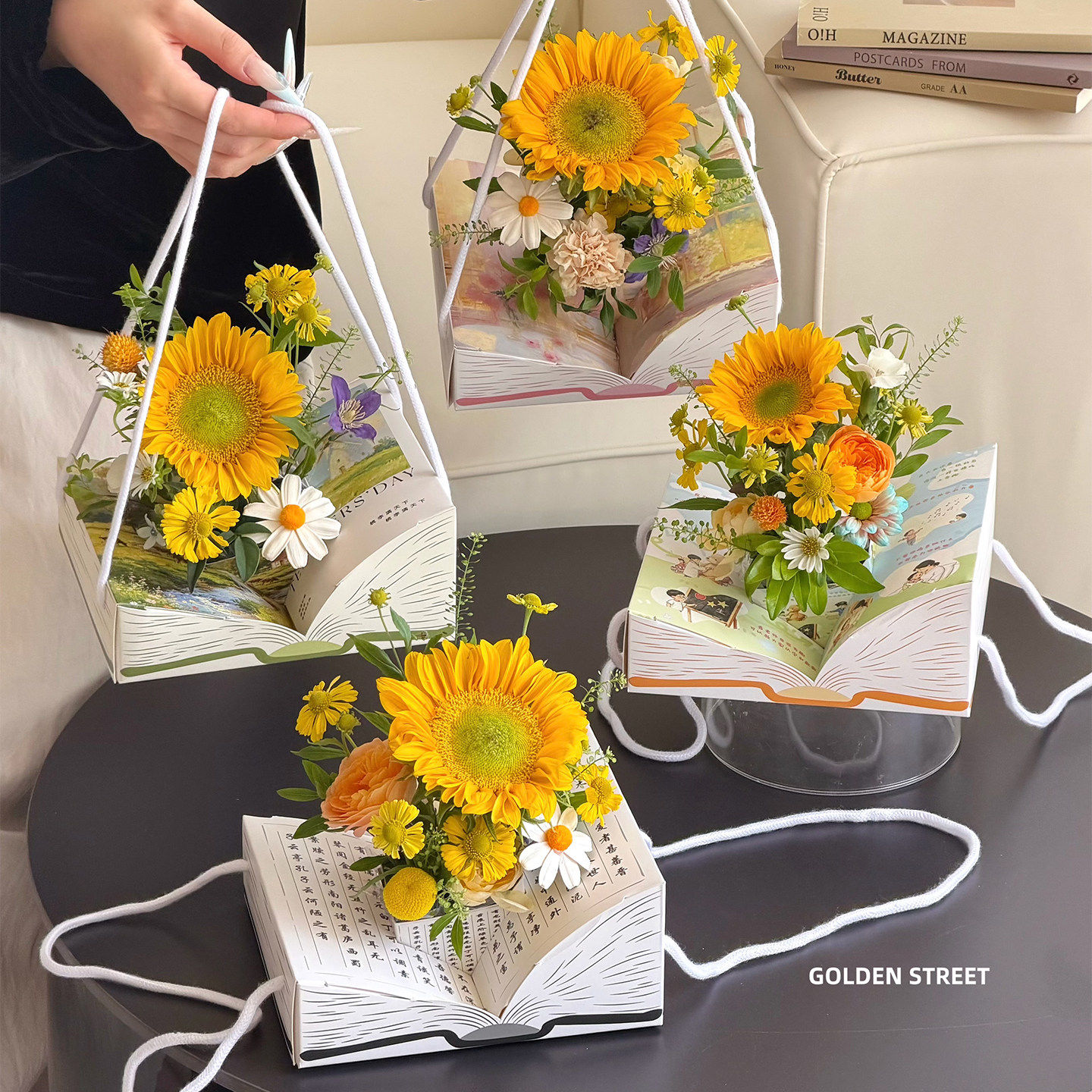 教师节新品书页生花书本手提花盒向日葵插花盒鲜花束diy礼盒资材