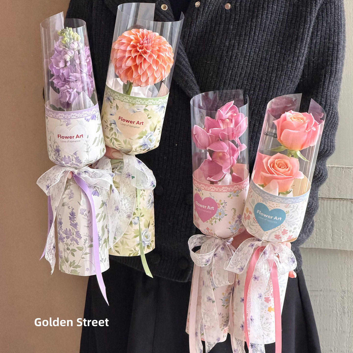 3.8女神节植颜单支一体定型片鲜花花束包装材料单支玫瑰花包装袋