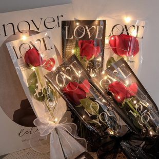 214情人节单支花束包装袋透明玫瑰鲜花纸套袋单只包花艺材料摆摊