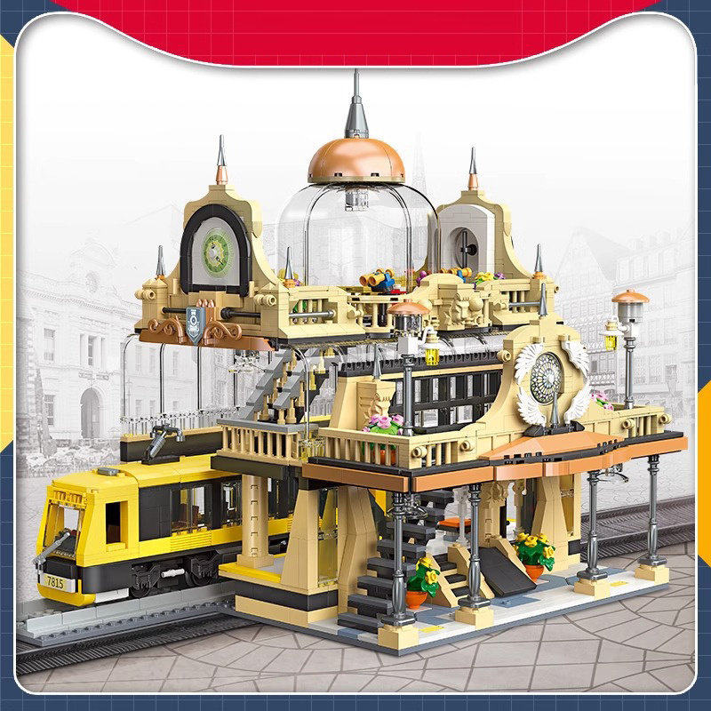 中国积木杰星创意系列欧式火车站儿童拼装玩具男女孩子礼物89136