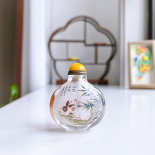 冀派天然水晶内画鼻烟壶手工内画玉兔图 收藏画工艺精品 送礼佳品