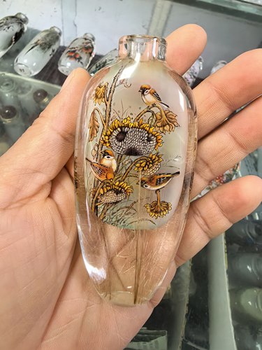 天然水晶内画鼻烟壶手工绘画收藏精美花鸟图向日葵收获出国礼品