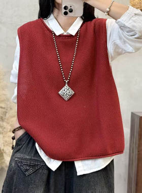 纯色棉线针织马夹背心女2025年宽松显瘦叠穿卷边圆领毛衣马甲坎肩