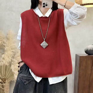 纯色棉线针织马夹背心女2025年宽松显瘦叠穿卷边圆领毛衣马甲坎肩