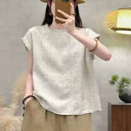 小个子夏季衬衣~100%亚麻木耳边圆领短袖衬衫纯色麻背心上衣9917