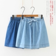 Quần short denim nữ 2019 hè mới eo cao rộng rộng chân váy rộng dây rút quần thun eo váy - Quần jean