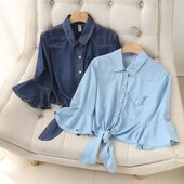 2024夏季 女中袖 新款 有加大码 薄款 下摆打结牛仔衬衫 披肩小外套 女