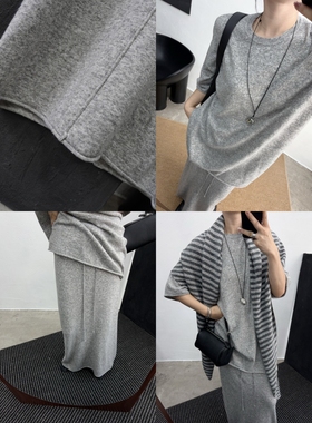 自由套装ROW风烟灰色短袖秋冬针织羊毛混纺宽松卷边上衣+松驰长裙