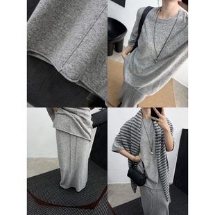 松驰长裙 秋冬针织羊毛混纺宽松卷边上衣 自由套装 ROW风烟灰色短袖