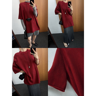 慵懒ROW风 中长款宽松廓型松弛上衣秋冬中袖羊毛混纺圆领针织上衣