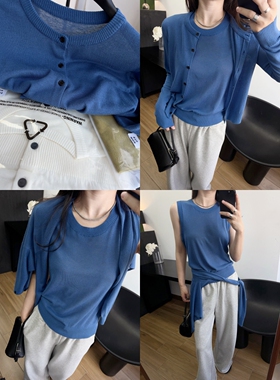 格雷系两件套春夏麻薄针织背心+开衫圆领外套叠穿极简灰色MI*U风
