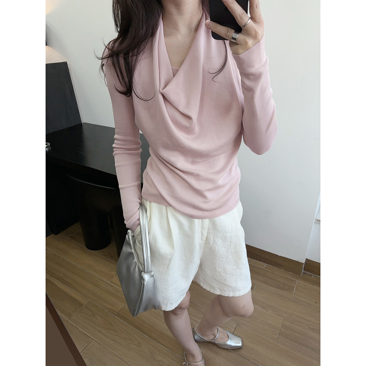 温柔氛围感粉色针织荡领新挂脖长袖天丝针织上衣女优雅假两件小众,女装/女士精品,毛针织衫,淘宝优惠券,粉丝福利购,淘宝优惠卷