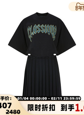 【折扣】YCH 博主同款 设计感腰部挖剪艺术字母印花百褶连衣裙