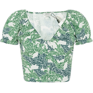 【折扣】INSPIRE STORIES 法式夏季度假女V领泡泡袖印花衬衫