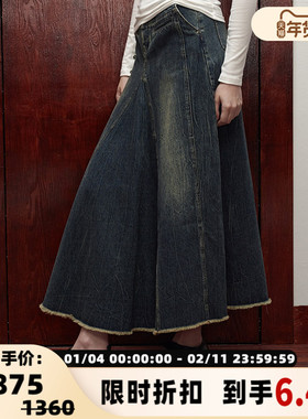 SHRO ENRO Dérive系列 女士复古水洗毛边牛仔半身长裙  301469