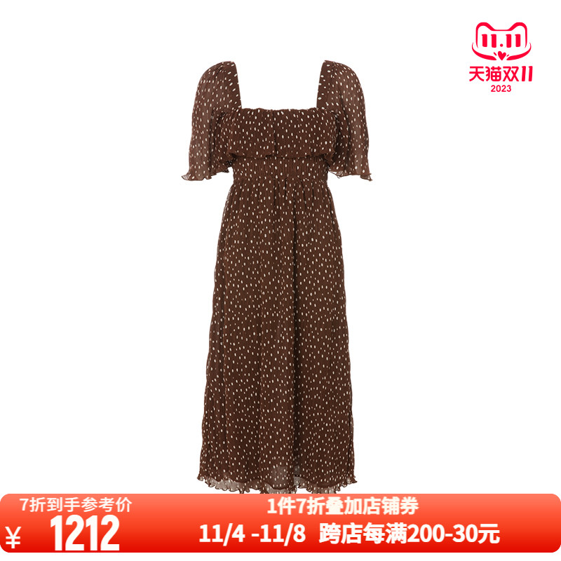 GANNI 咖色法式优雅波点印花褶皱设计女士荷叶边连衣裙长裙