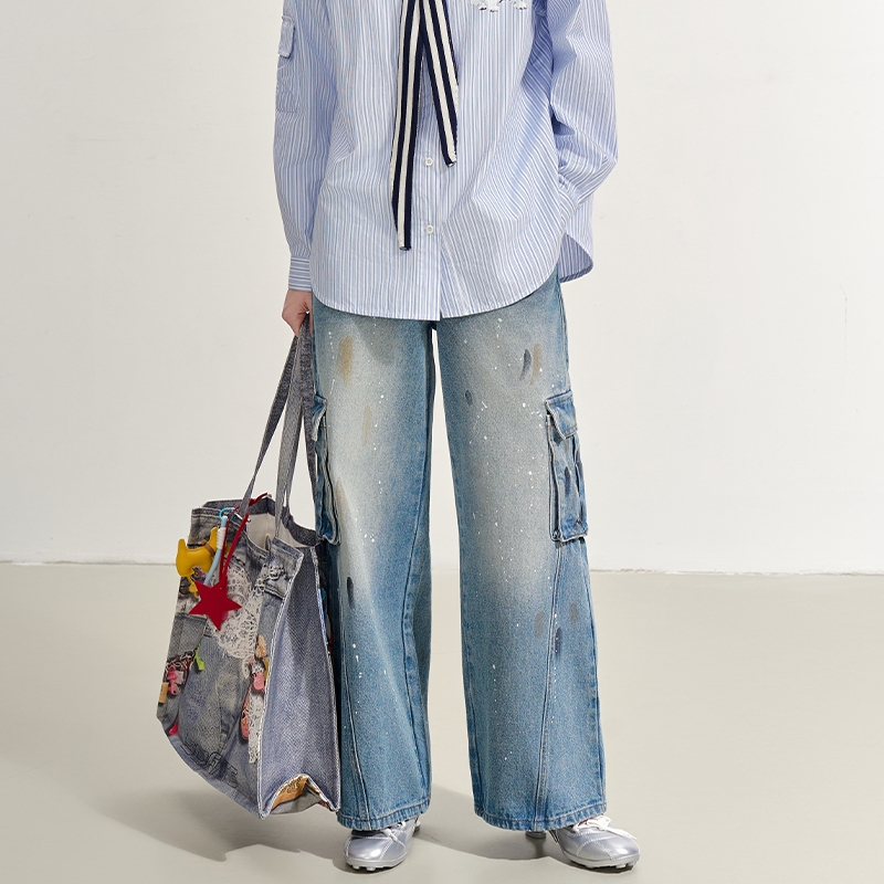 SOFITTE 25新款女士泼墨斜线分割牛仔裤工装裤银泰百货 301355