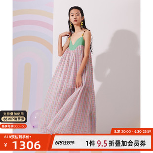 301551 银泰百货 条纹度假风吊带连衣裙 IINHUII设计师品牌长款