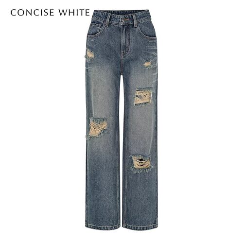 concise-white/简白26春夏新款女破洞做旧直筒牛仔裤银泰 301257