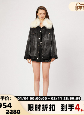 FLONAKED 可拆卸毛领宽松鳄鱼纹皮衣夹克外套  300170