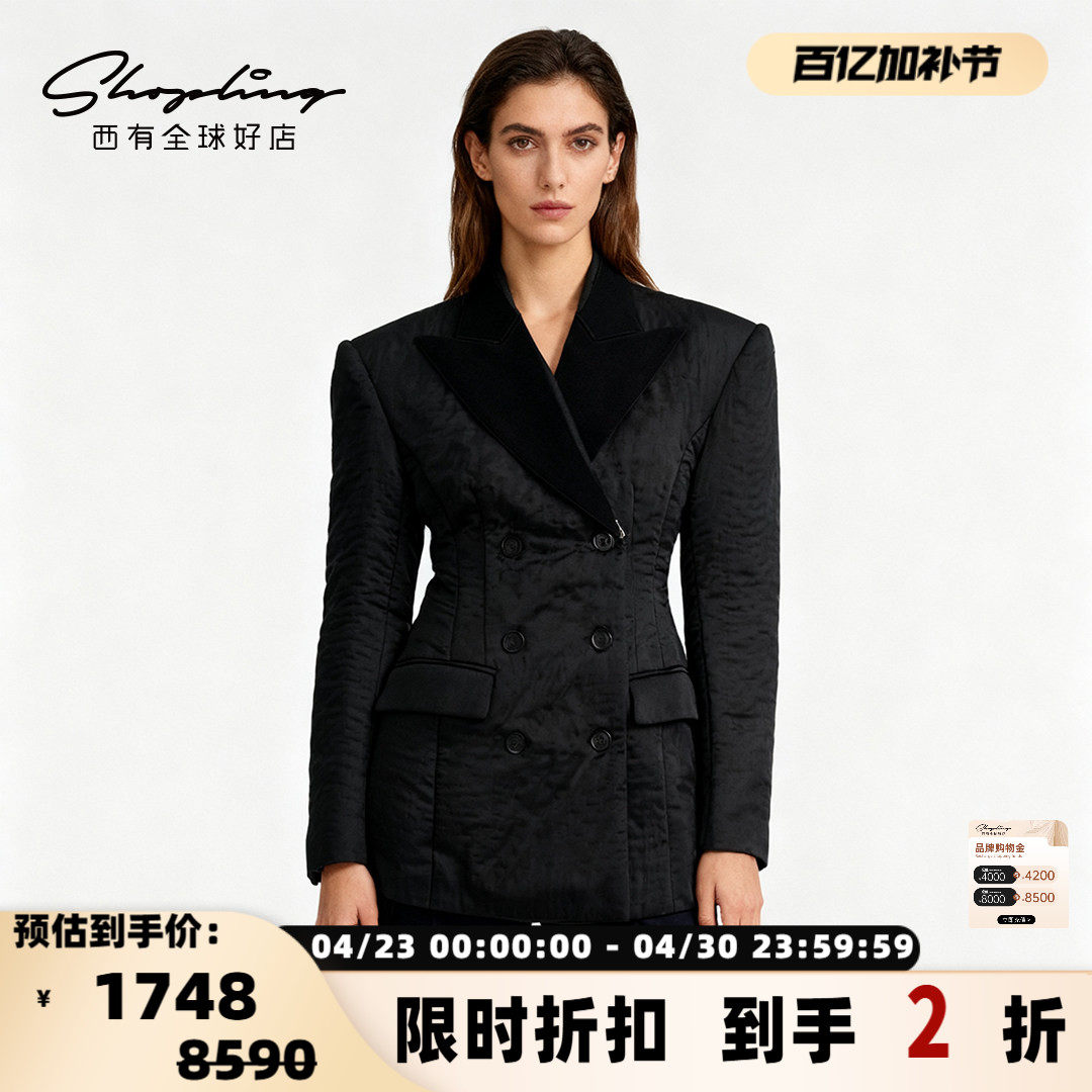 pushBUTTON 秋冬新款女士黑色OL风褶皱双排扣西服银泰百货 301596