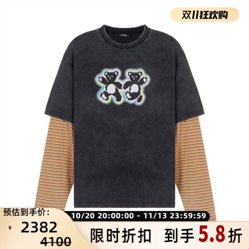 WE11DONE 男士假两件小熊长袖圆领T恤 301574