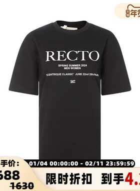 RECTO春季黑色棉质印花休闲宽松女士圆领短袖T恤银泰百货