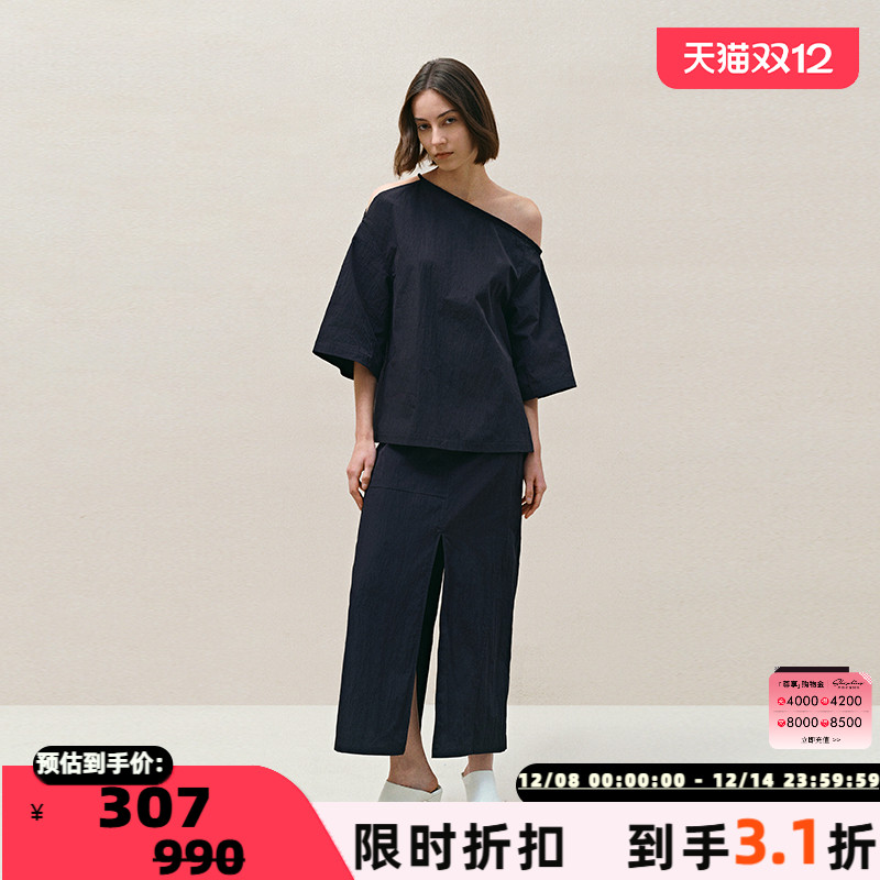 女士灰色露肩斜领宽松半袖上衣