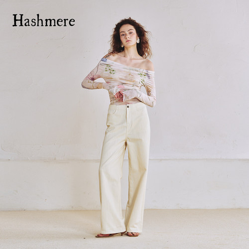 HASHMERE女士法式纯欲风扭绳印花抽褶一字肩打底上衣银泰 301612