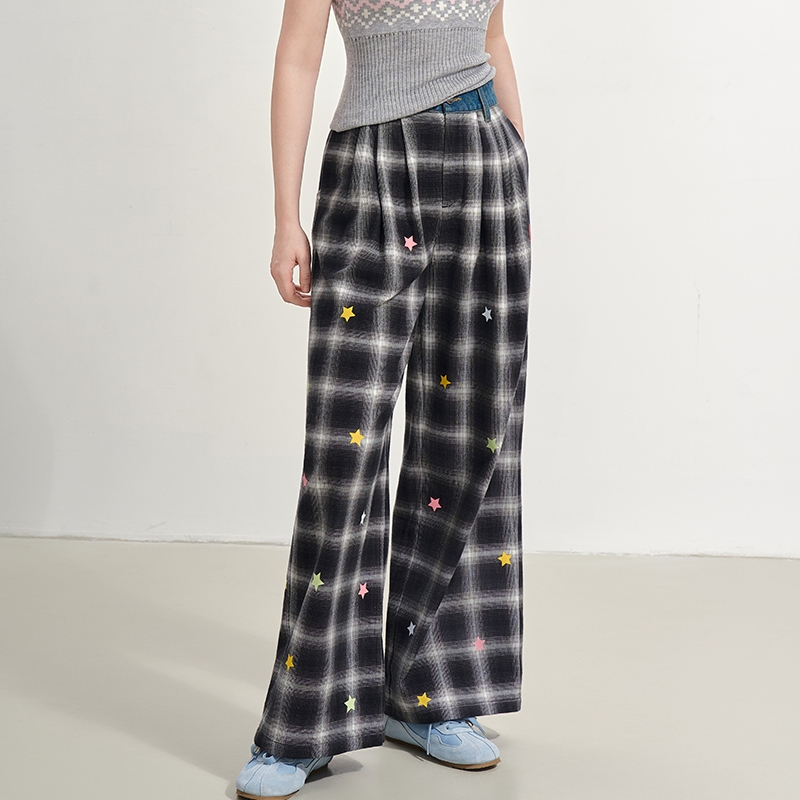 SOFITTE 25新款女士牛仔腰头印花格纹阔腿休闲裤银泰百货 301355