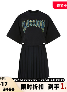 【折扣】YCH 博主同款 设计感腰部挖剪艺术字母印花百褶连衣裙